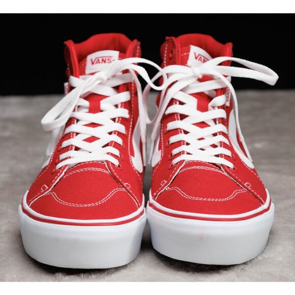 Vans Sk8 Hi Red White Platform Sneakers Skate Womens Size 10 Mens 8.5 NEW - Picture 2 of 16